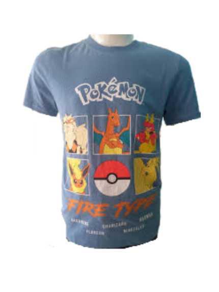 CAMISETA AZUL, DISEÑO POKÉMON FIRE TYPE